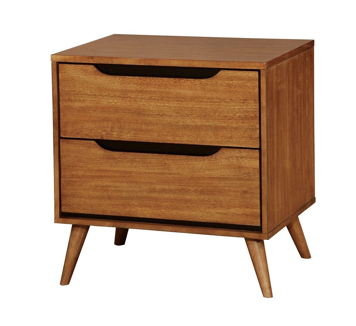 Mid Century Modern Oak Color 1Pc Nightstand Bedroom Furniture Solid Wood Round Tapered Legs 2 Drawers Bedside Table Oak 2 Drawers Bedroom Bedside Cabinet Contemporary,Mid Century