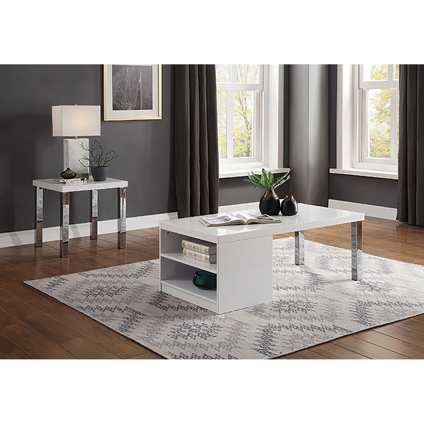 White High Gloss And Chrome Coffee Table White Silver Primary Living Space Modern Shelves Rectangular Wood