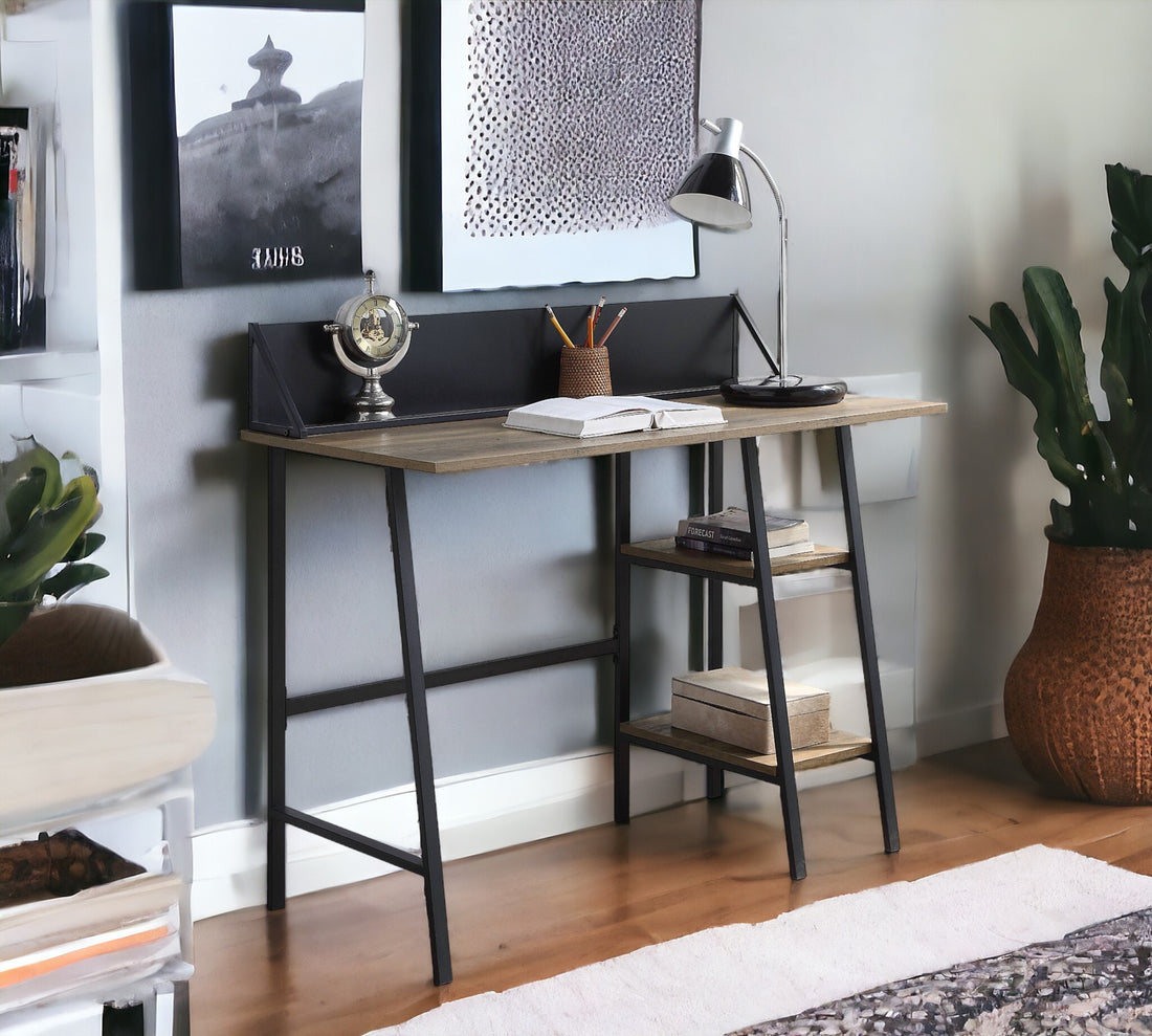 Rustic Oak And Black 2 Shelf Writing Desk With H Shaped Base Oak Writting Desk Office Oak Rectangular Shelves Particle Board Mdf