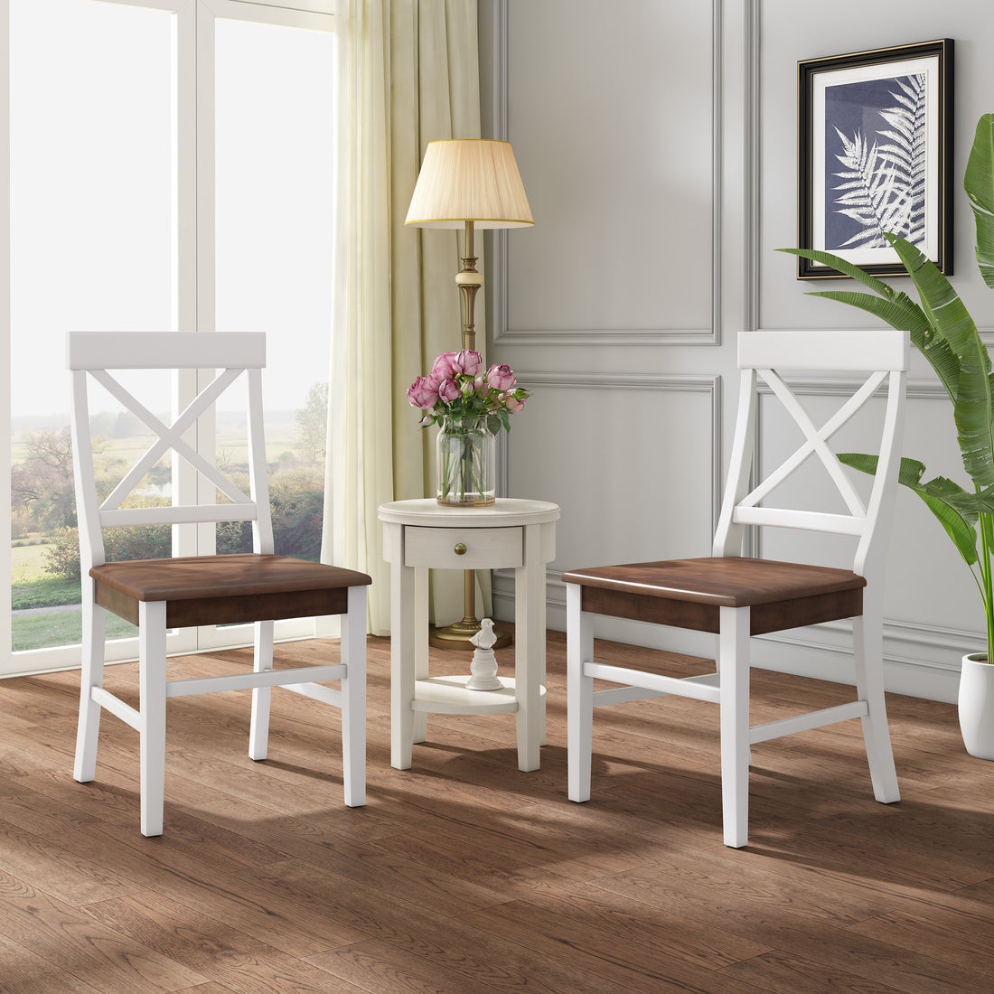 Roshan Farmhouse Acacia Wood Dining Chairs, White Walnut Set Of 2 White Walnut Acacia Wood