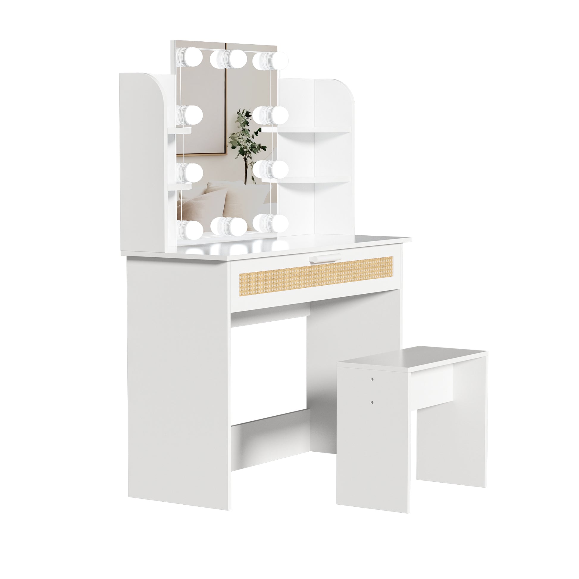 Vanity Desk Set Stool & Dressing Table With Led Lighting Mirror Drawer And Compartments Modern Wood Cosmetic Table Chest Of Drawers White Color Gloss White White 1 Drawer Bedroom Wood