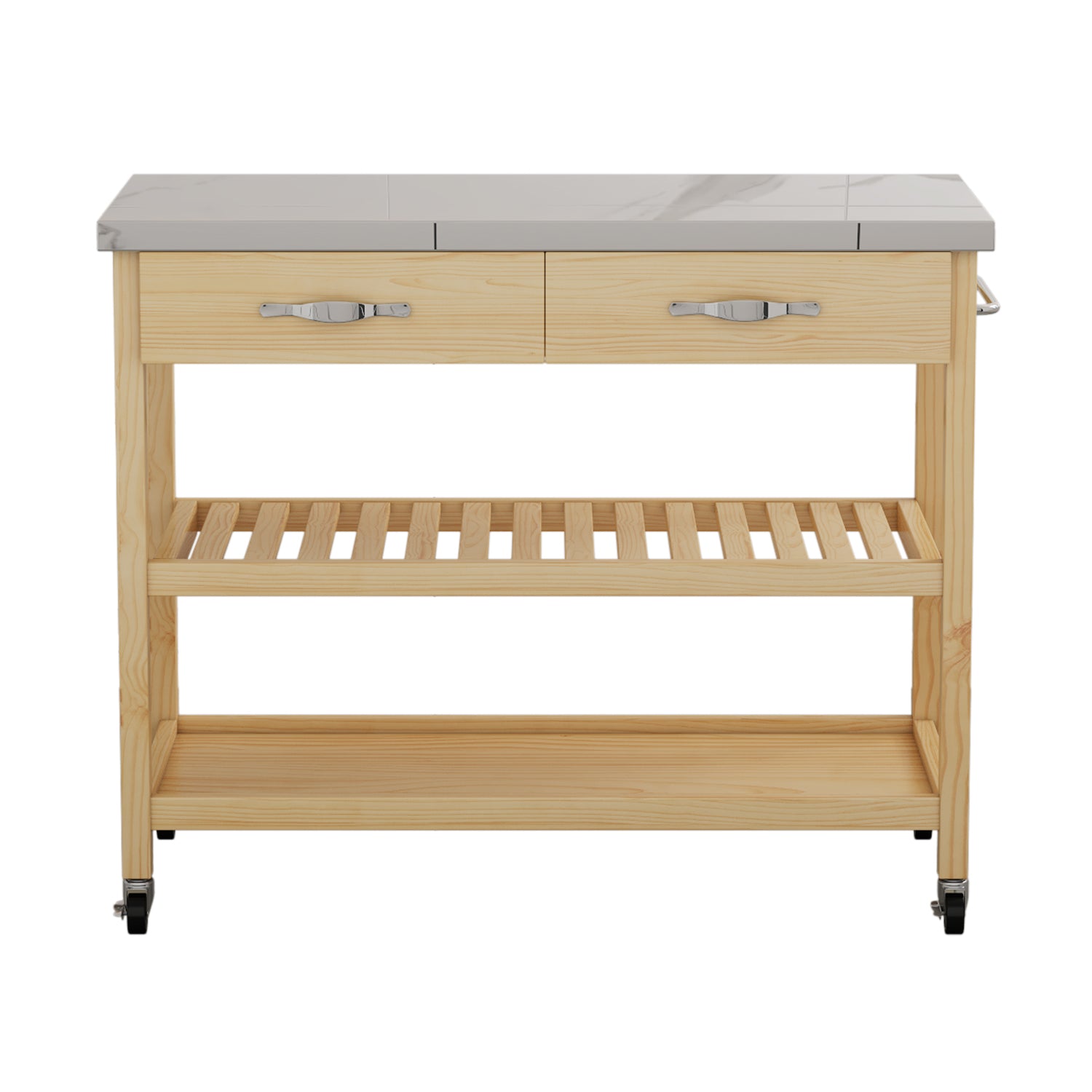 Stainless Steel Countertop Solid Wood Kitchen Cart With Storage Drawers And Shelves, Rotatable Kitchen Island With Steel Table Top And Tower Rack, Rolling Utility Trolley Cart For Kitchen And Dining Burly Wood Kitchen Classic,Contemporary Rectangular