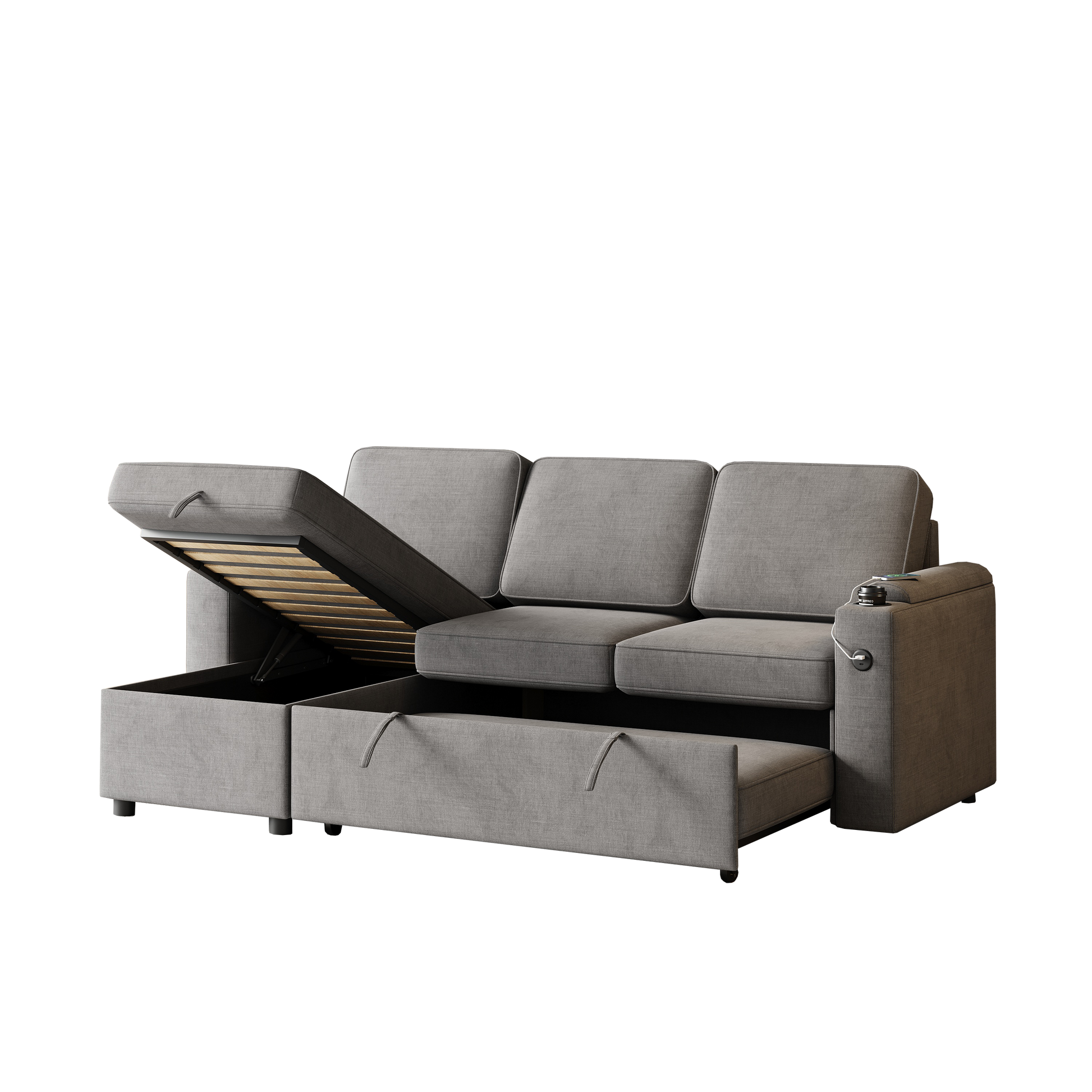 Mh85.8" Sleeper Sofa, Sofa Bed 2 In 1 Pull Out Sofa Bed With Storage Sofa, Sofa Sleeper With Pull Out Bed With Charging Port Dark Grey Polyester Primary Living Space Eucalyptus Polyester Fabric 3