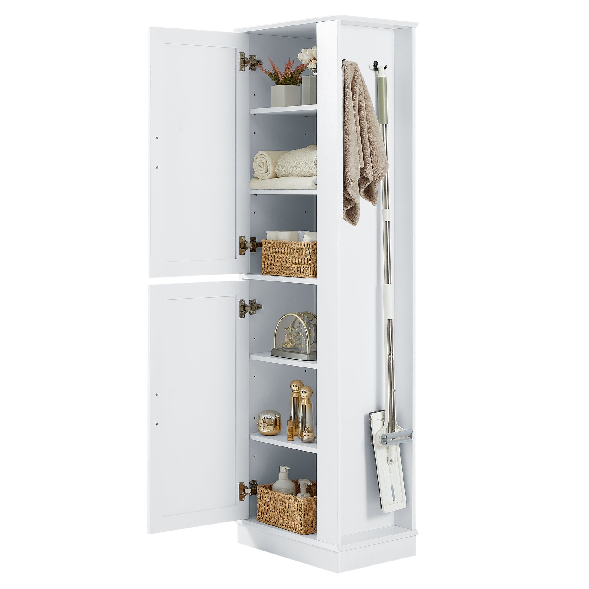 Tall Bathroom Storage Cabinet, Freestanding Storage Cabinet With Hook And Adjustable Shelf, Mdf Board, White White 2 Mdf