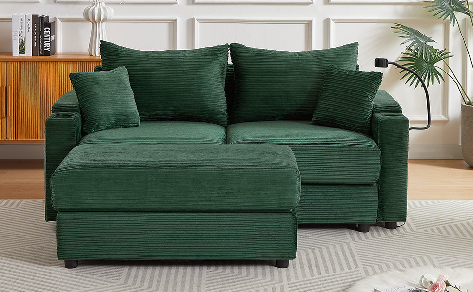 72.8" Modern Style Loveseat Sofa Sectional Sofa Couch With Storage Space, A Movable Ottoman, Two Usb Ports, Two Cup Holders, A Phone Holder For Living Room, Green Green Foam Corduroy 3 Seat