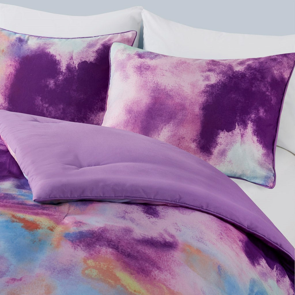 Watercolor Tie Dye Printed Comforter Set With Throw Pillow Twin Multicolor Polyester