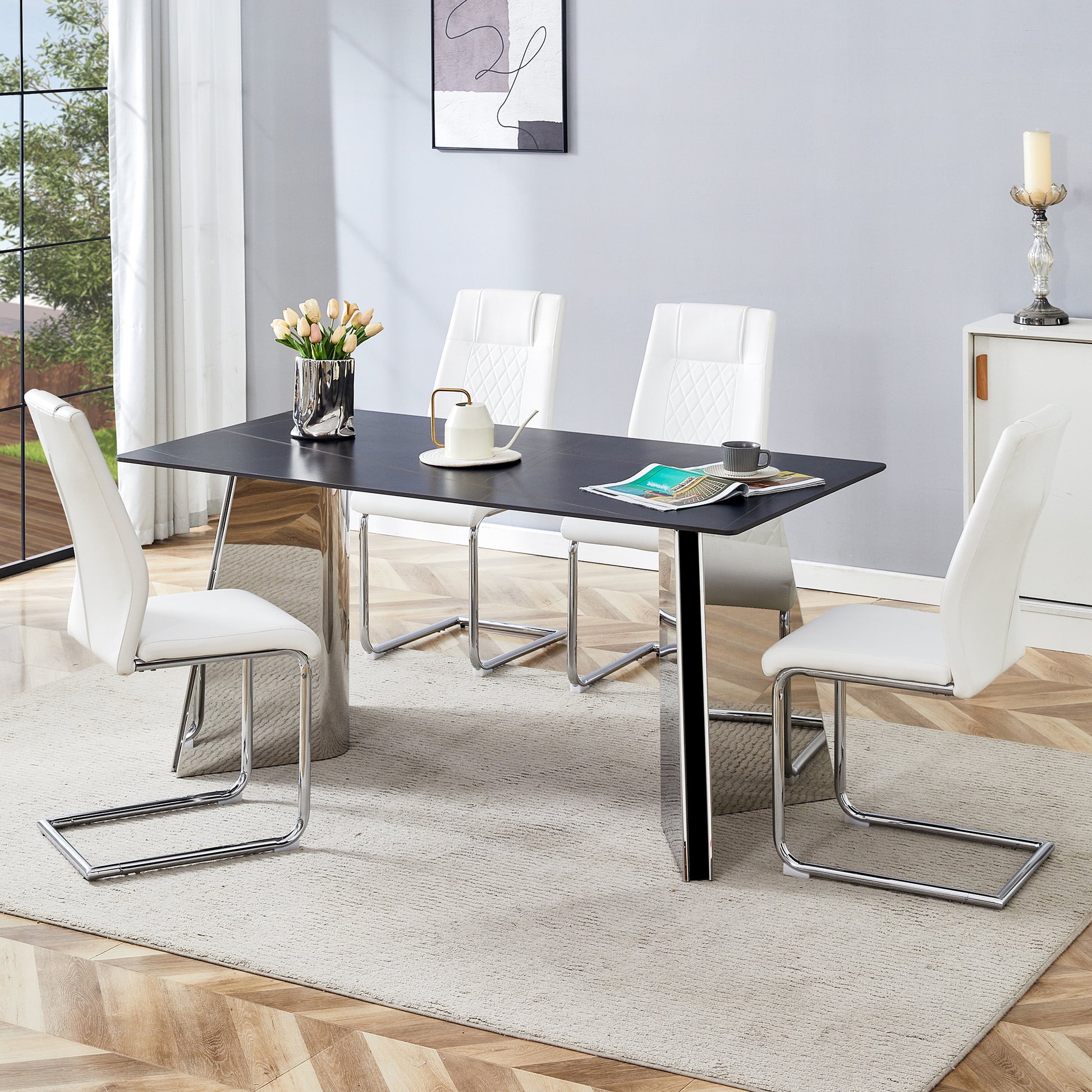 Table And Chair Set.63"X31.5X30" Black Marble Patterned Slabs Tabletop With Stainless Steel Butterfly Legs.Paried With 4 White High Quality Pu Chairs With Silver Metal Legs. White Black Seats 4