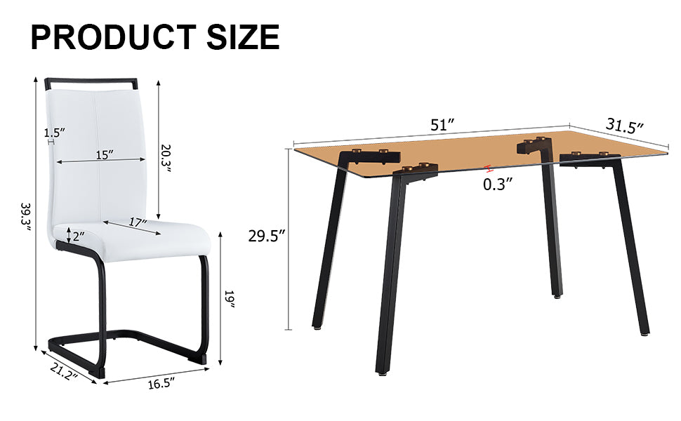 Table And Chair Set. Large Modern Rectangular Table With Brown Glass Top And Black Metal Legs. It Is Equipped With Soft And Comfortable Pu Seats, Faux Leather Upholstered Seats, And Sturdy Metal Legs. White Seats 4 Glass Metal