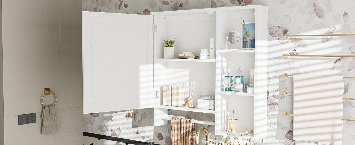 Wall Mounted Bathroom Storage Cabinet, Medicine Cabinets With Large Mirror Door, Adjustable Shelves And Three Open Storage Levels Not Include Bathroom Vanity White 1 5 Mirror Included Bathroom Wall Mounted Mdf Glass Painted