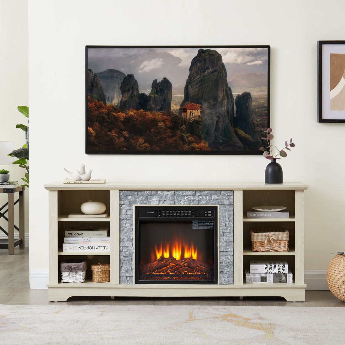 Mantel Electric Fireplace Stone Tv Media Stand, Open Storage Modern Entertainment Console Space With 18" Fireplace Insert, White, 58.31"W*15.39"D*26.06"H White 60 69 Inches Mdf