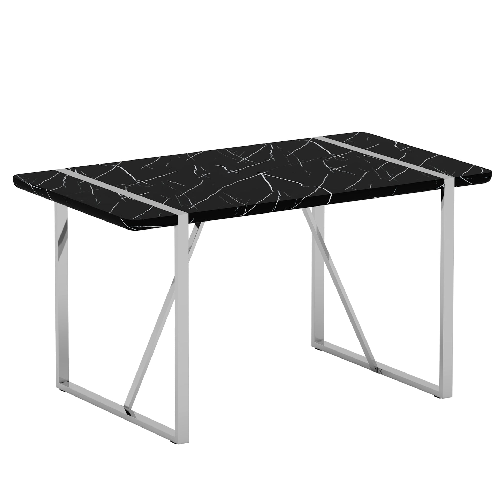 Table And Chair Set.A Rustic Industrial Rectangular Mdf Black Dining Table With Mdf Desktop And Electroplated Silver Metal Legs.Paried With 4 Chairs With Pu Cushion And Metal Legs. Black,Dark Gray,Silver Seats 4 Mdf Metal