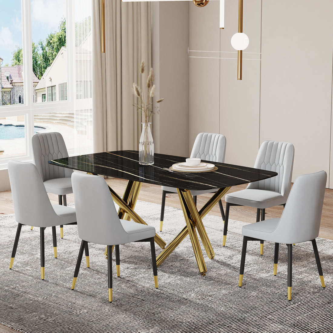 Large Modern Minimalist Rectangular Dining Table With 0.39 "Imitation Marble Black Desktop And Gold Metal Legs, Paired With 6 Chairs With Pu Cushions And Black Metal Legs.F 1538 C 007 Black Gold Glass Metal