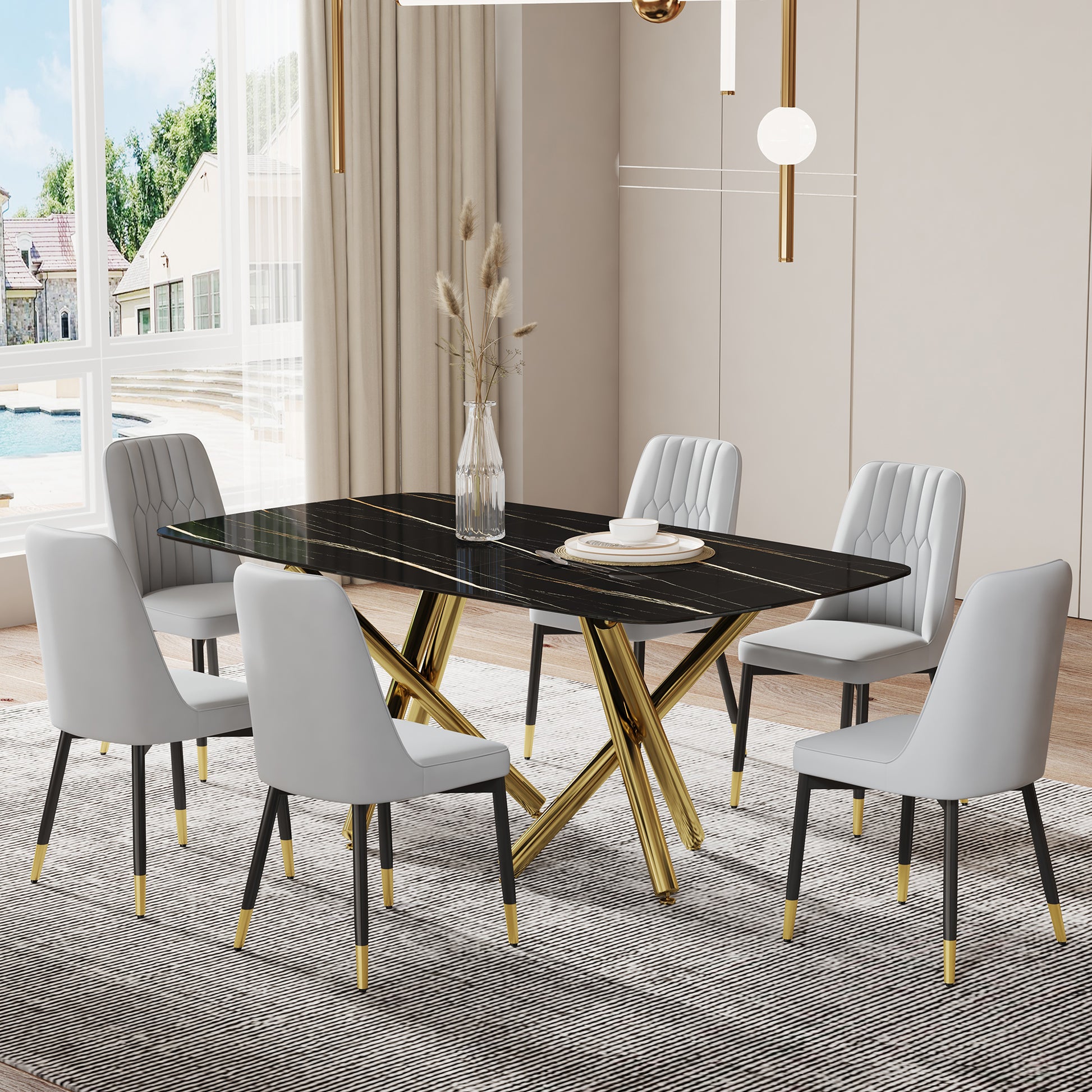 Large Modern Minimalist Rectangular Dining Table With 0.39 "Imitation Marble Black Desktop And Gold Metal Legs, Paired With 6 Chairs With Pu Cushions And Black Metal Legs.F 1538 C 007 Black Gold Glass Metal
