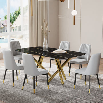 Large Modern Minimalist Rectangular Dining Table With 0.39 "Imitation Marble Black Desktop And Gold Metal Legs, Paired With 6 Chairs With Pu Cushions And Black Metal Legs.F 1538 C 007 Black Gold Glass Metal