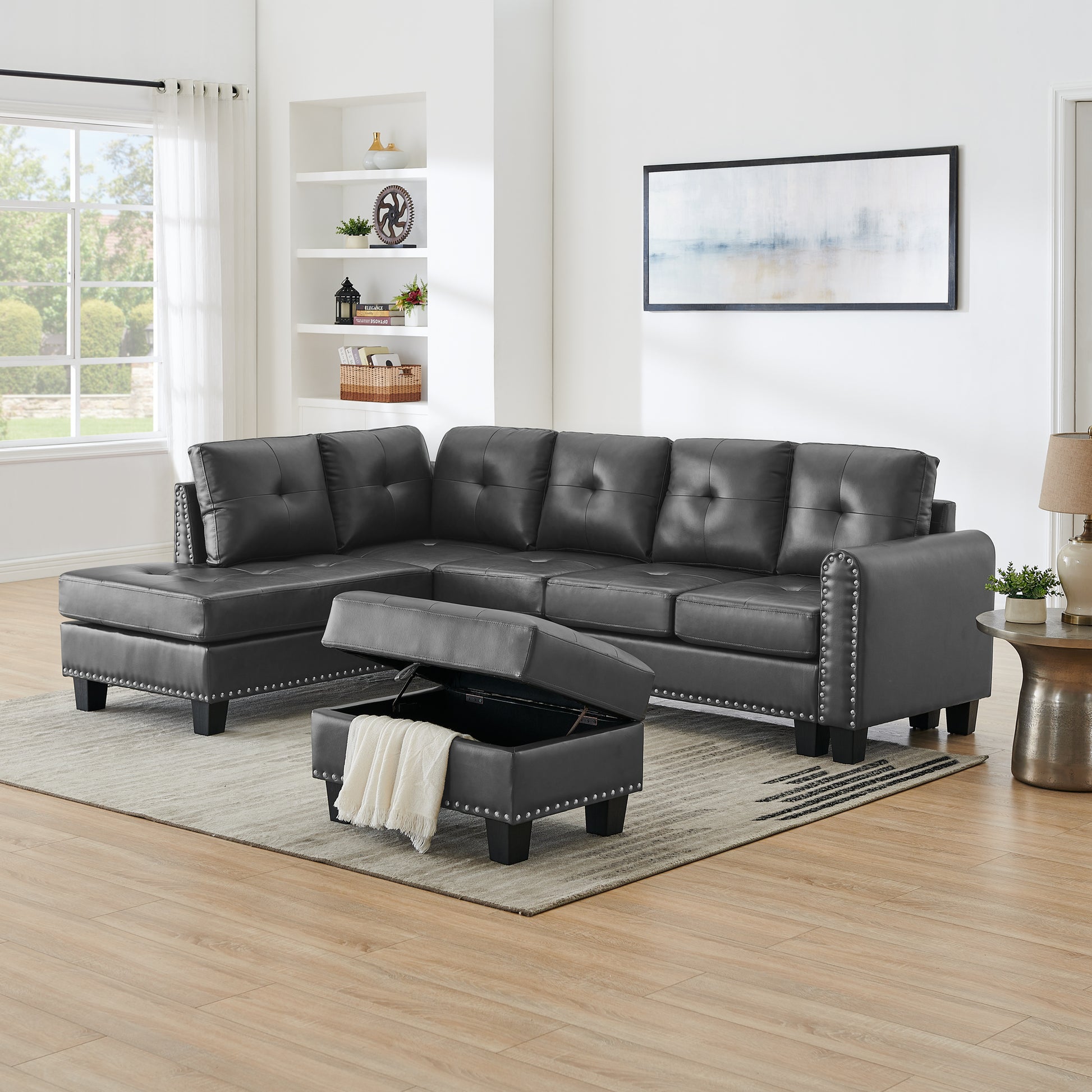 Sectional 3 Seaters Sofareversible Recliner, Storage Pad And Wood Grain Cup Holder, Non Slip Leg, Pu, Grey Gray Pu 3 Seat