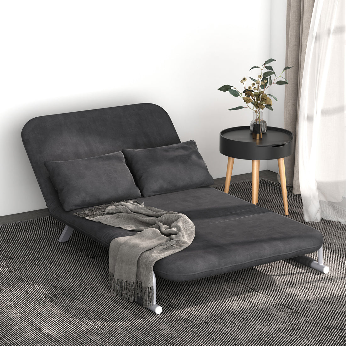 Homcom Convertible Sofa Bed Sleeper Chair, 5 Position Adjustable Backrest, Armchair Sleeper With Pillows, Leisure Chaise Lounge Couch, Gray Grey Steel 2 Seat