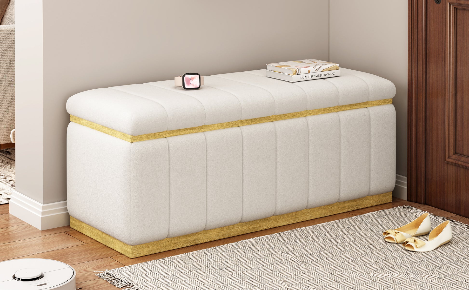 Linen Fabric Upholstered Solid Wood Frame Bench With Large Storage Space For The Living Room, Entryway And Bedroom,Beige, 40''X16''X17'' Beige Wood Oak Rectangle Internal Storage Fabric