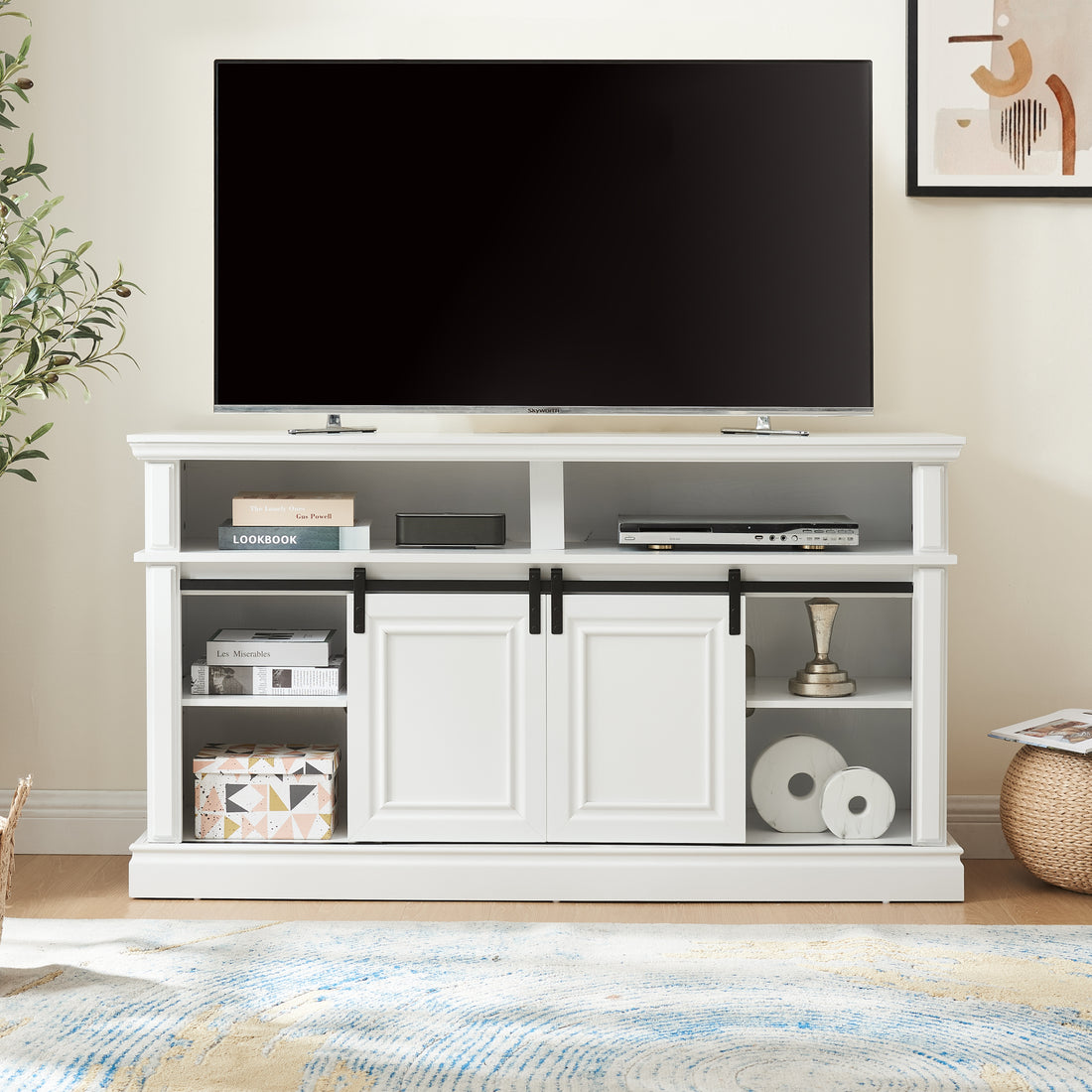 Media Console Table With Storage Cabinet, Mid Century Style Entertainment Tv Table, Multipurpose Sliding Door Tv Cabinet Large Storage Space, 58.11"W*15.79"D*32.36"H Antique White Antique White 60 69 Inches 60 69 Inches 60 Inches Mdf