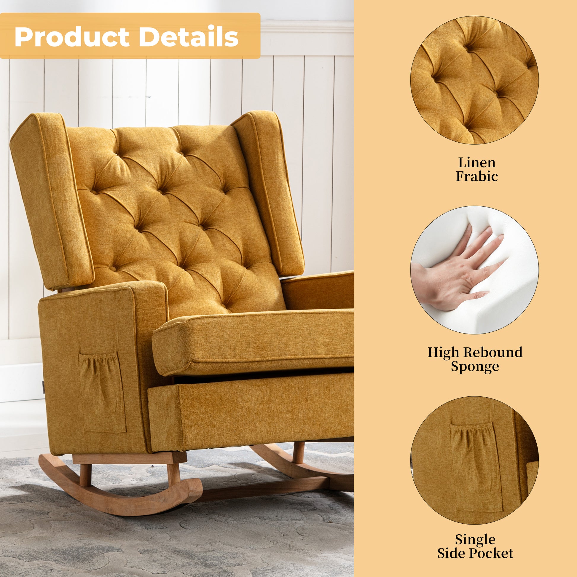 Coolmore Nursery Rocking Chair Upholstered Mid Century Modern Rocker Oversized Armchair For Living Room With Solid Wood Base Mustard Mustard Primary Living Space Foam Linen