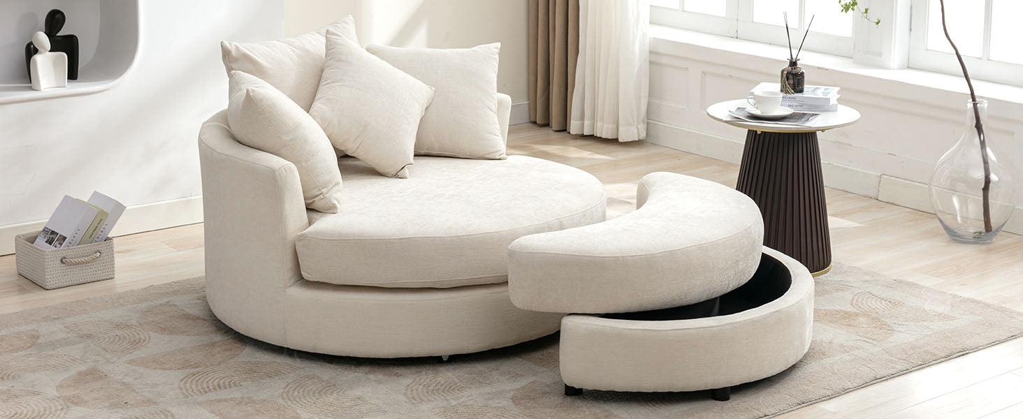 Orisfur. 360 Swivel Accent Barrel Chair With Storage Ottoman & 4 Pillows, Modern Chenille Leisure Chair Round Accent For Living Room, Cream Cream Foam Chenille