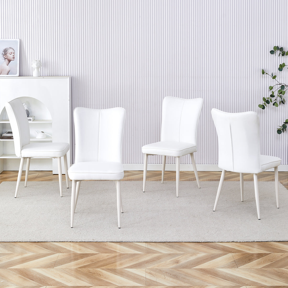 Modern Minimalist Dining Chair, White Pu Leather Curved Back And Seat Cushion, White Metal Chair Legs, Suitable For Dining Room, Bedroom, Living Room. A Set Of Four Chairs. 008 White Pu