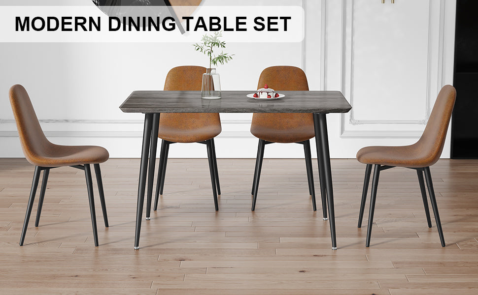 1 Table And 4 Chairs Set.Gray Wood Grain Table With Mdf Tabletop And Black Iron Legs.A Set Of 4 Modern Medieval Style Chairs, Equipped With Soft Cushions And Black Metal Legs.Dt 1226,B0501A Gray Mdf Metal