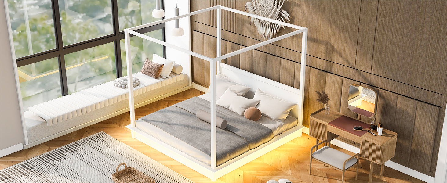 King Size Wood Led Canopy Bed ,Canopy Platform Bed With Support Slats, No Box Spring Needed, Whitekig King White Plywood