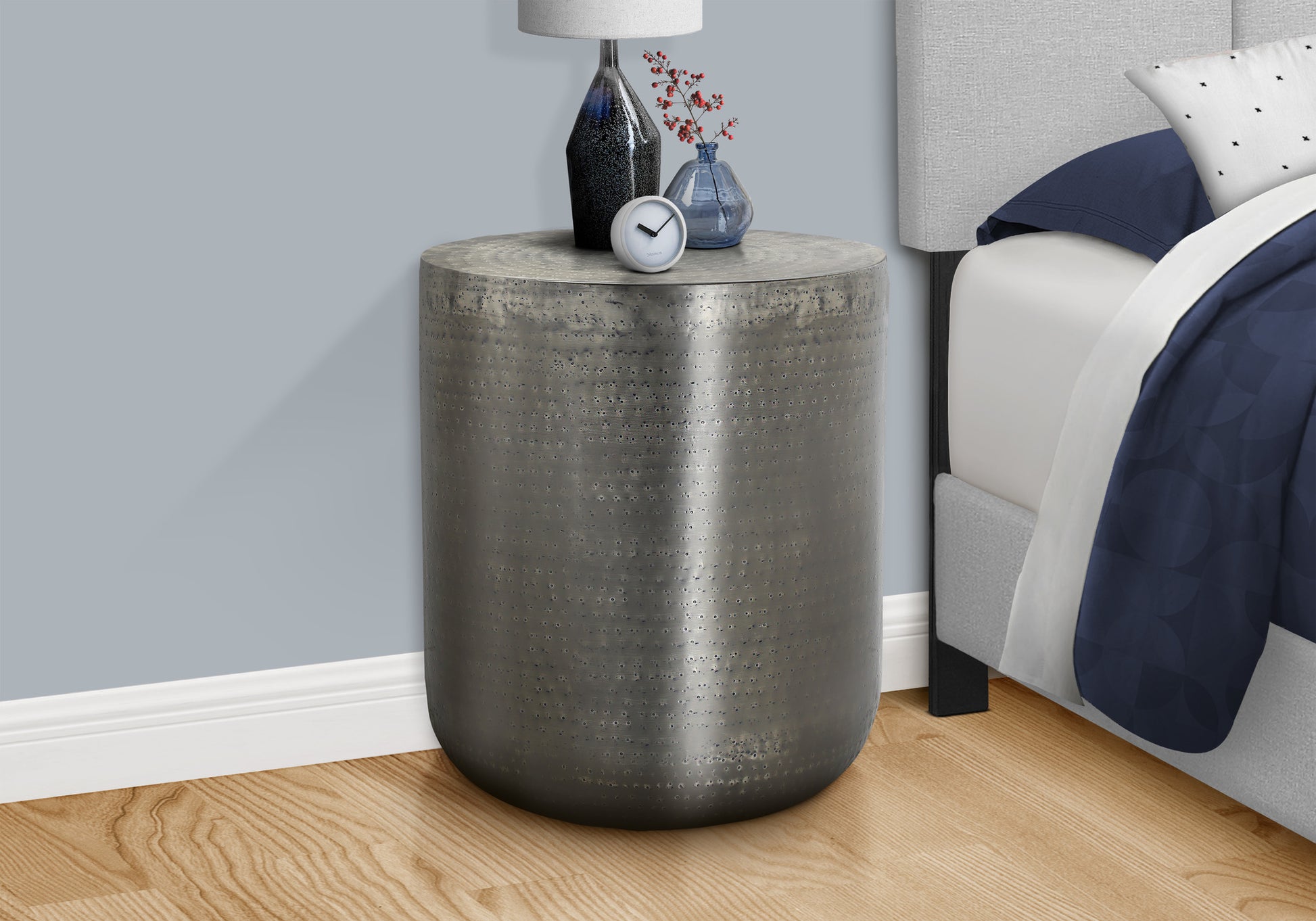 Accent Table, Drum, Side, End, Nightstand, Lamp, Living Room, Bedroom, Grey Metal, Contemporary, Modern Silver Metal