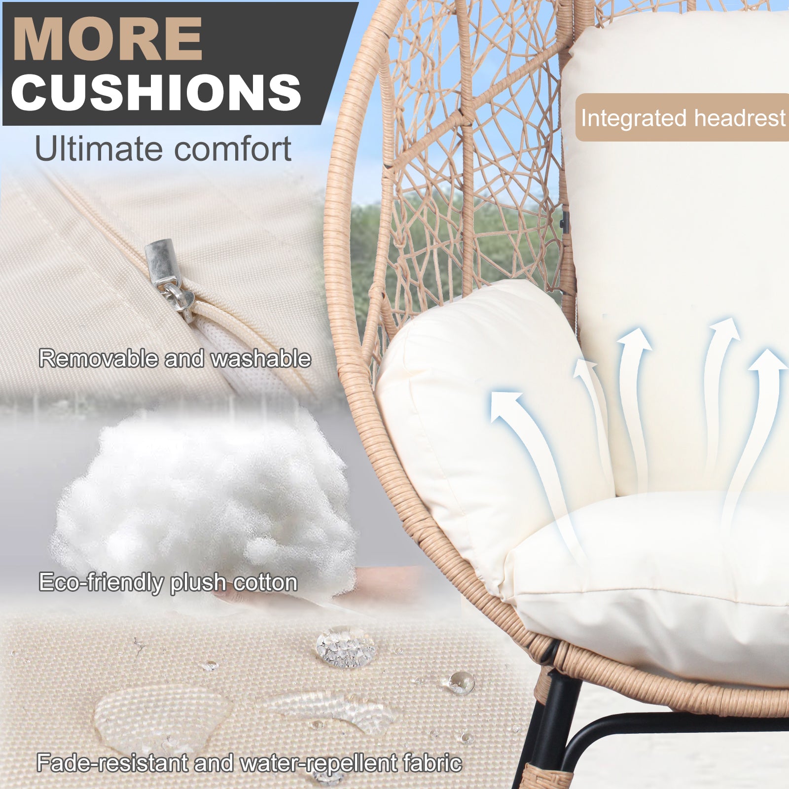 2 Pieces Patio Pe Wicker Egg Chairs Model 3 With Natural Color Rattan Beige Cushion Yes Natural Foam Steel