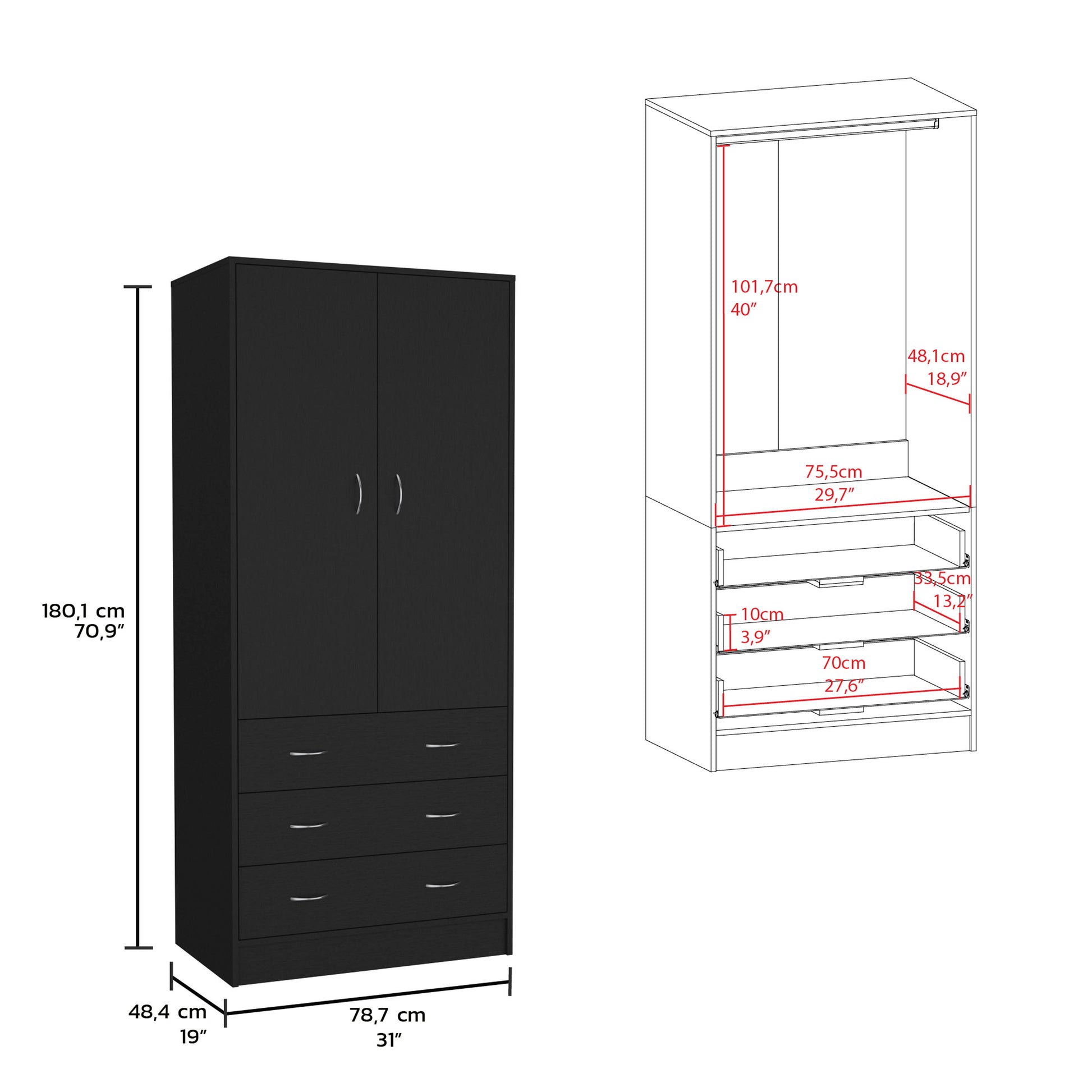 Taly Armoire With Double Doors, 3 Drawers, And Hanging Rod Black Black Particle Board