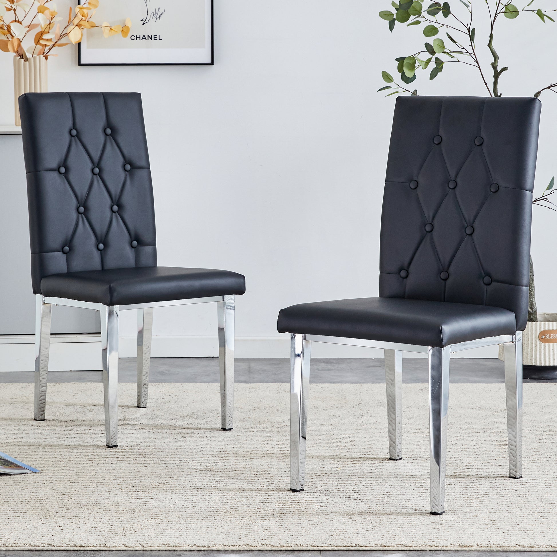 2 Piece Set Of Black Armless Dining Chairs Brings A Touch Of Elegance And Mystery To The Dining Area With Its Deep Black Tone,The Grid And Buckle Design Of The Back Add A Vintage Yet Fashionable Touch Black Set Of 2 Pu