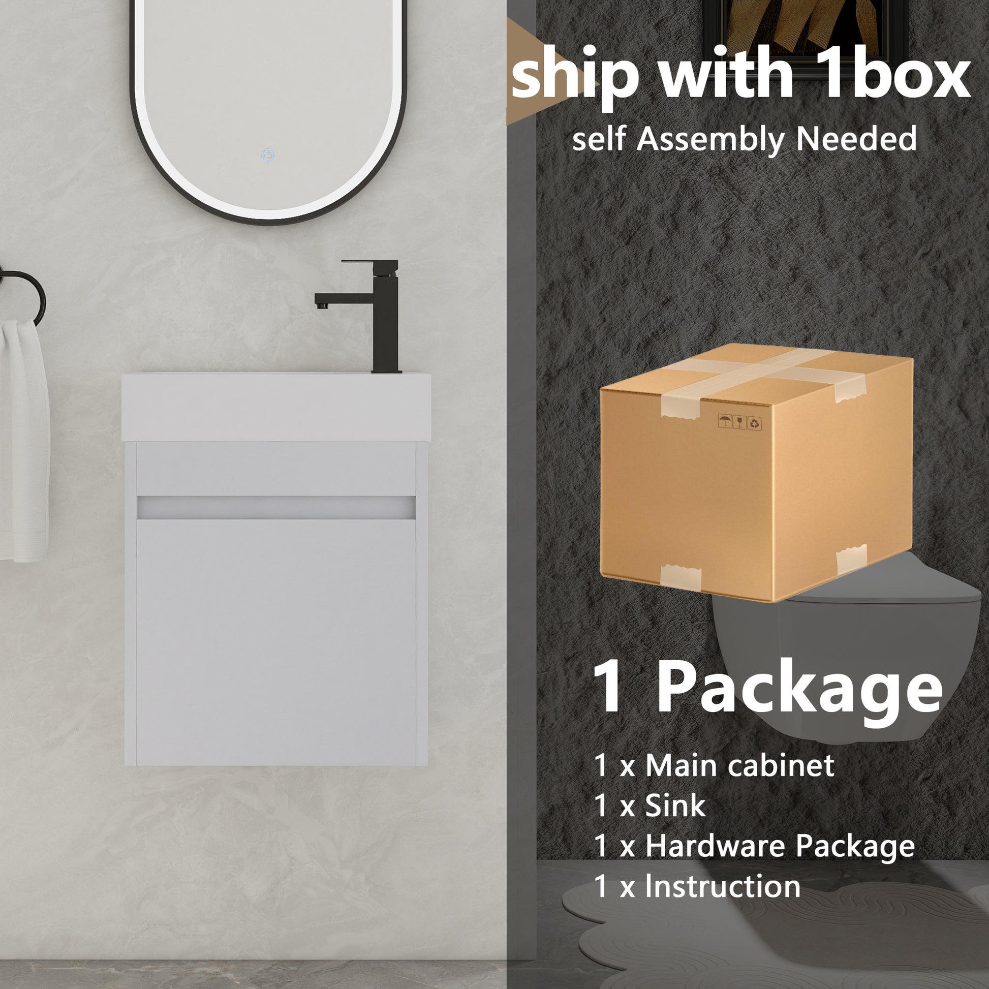 18'' Floating Wall Mounted Bathroom Vanity With White Resin Sink & Soft Close Cabinet Door White Straight Grain 1 Soft Close Doors Bathroom Wall Mounted Modern Plywood Plywood