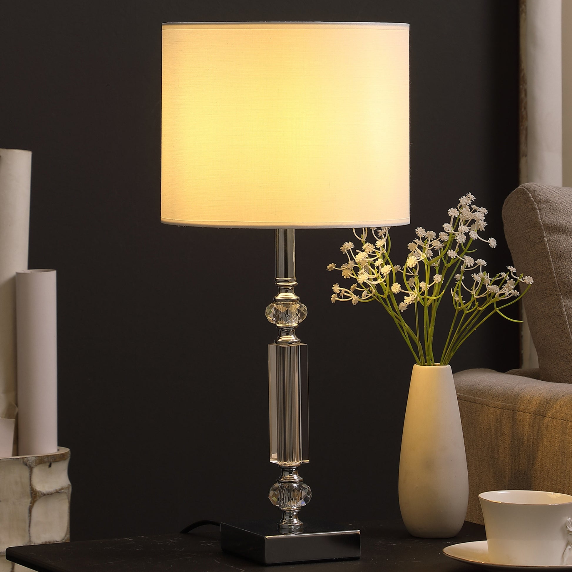 19.75" In Elon Cut Crystal Column Modern Table Lamp White Metal