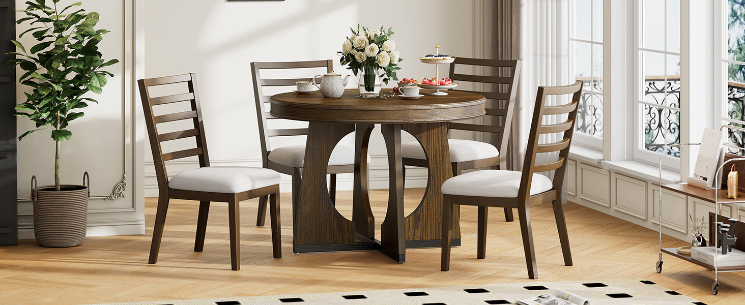 5 Piece Retro Rustic Functional Dining Set Unique Geometric Design, 1 Extendable Table With A 16 Inch Leaf And 4 Upholstered Chairs Ideal For Dining Room And Kitchen Walnut Walnut Solid Wood Mdf