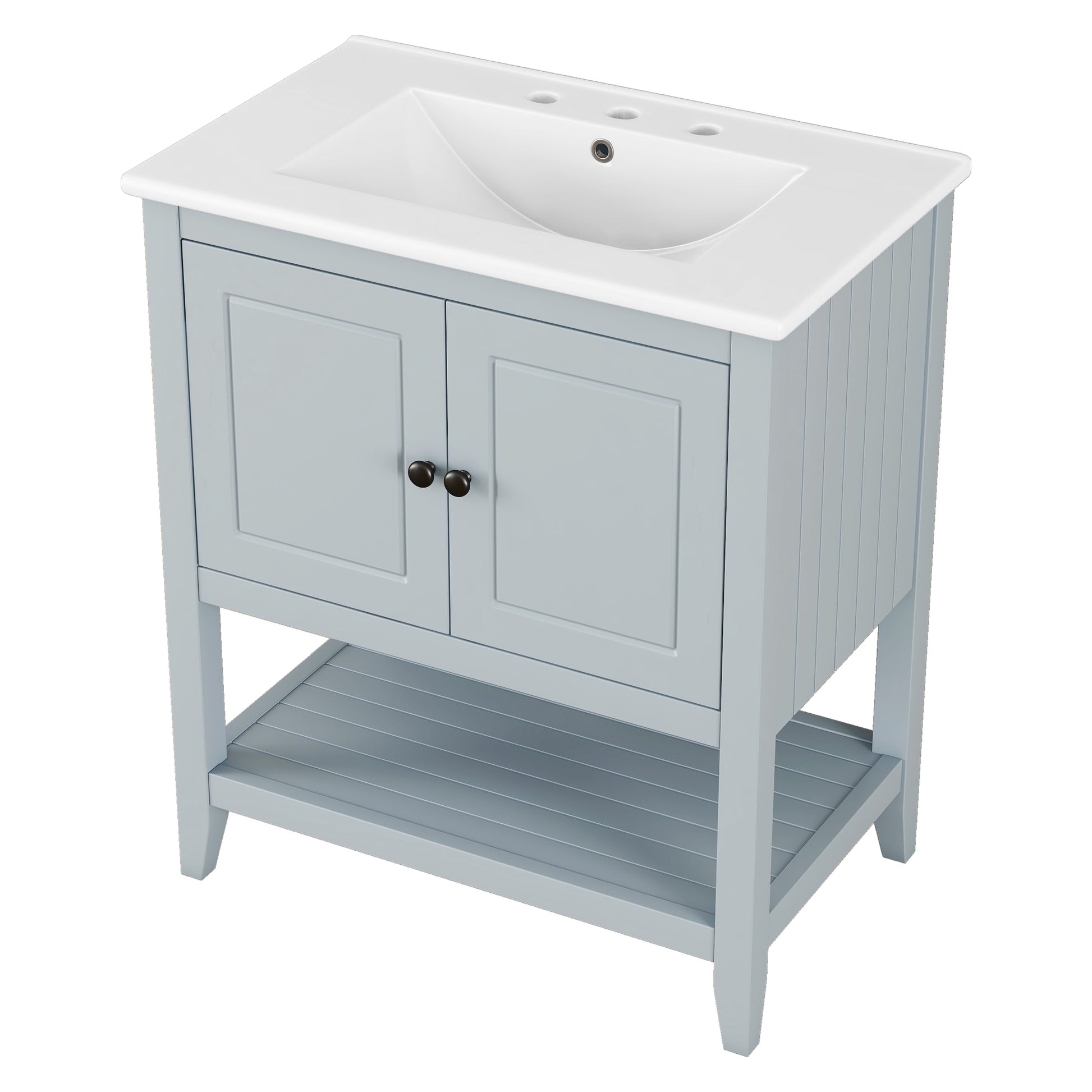 30" Gray Modern Sleek Bathroom Vanity Elegant Ceramic Sink With Solid Wood Frame Open Style Shelf & Door Shelf Design Gray Solid Wood