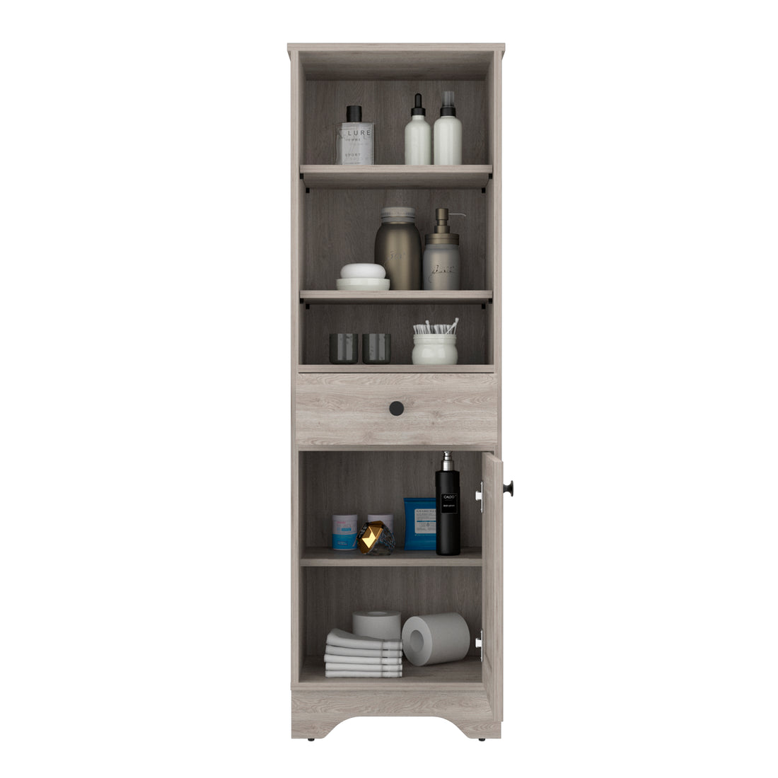 Linen Single Door Cabinet 55" H, Three External Shelves, One Drawer, Two Interior Shelves, Light Gray Gray Particle Board Particle Board