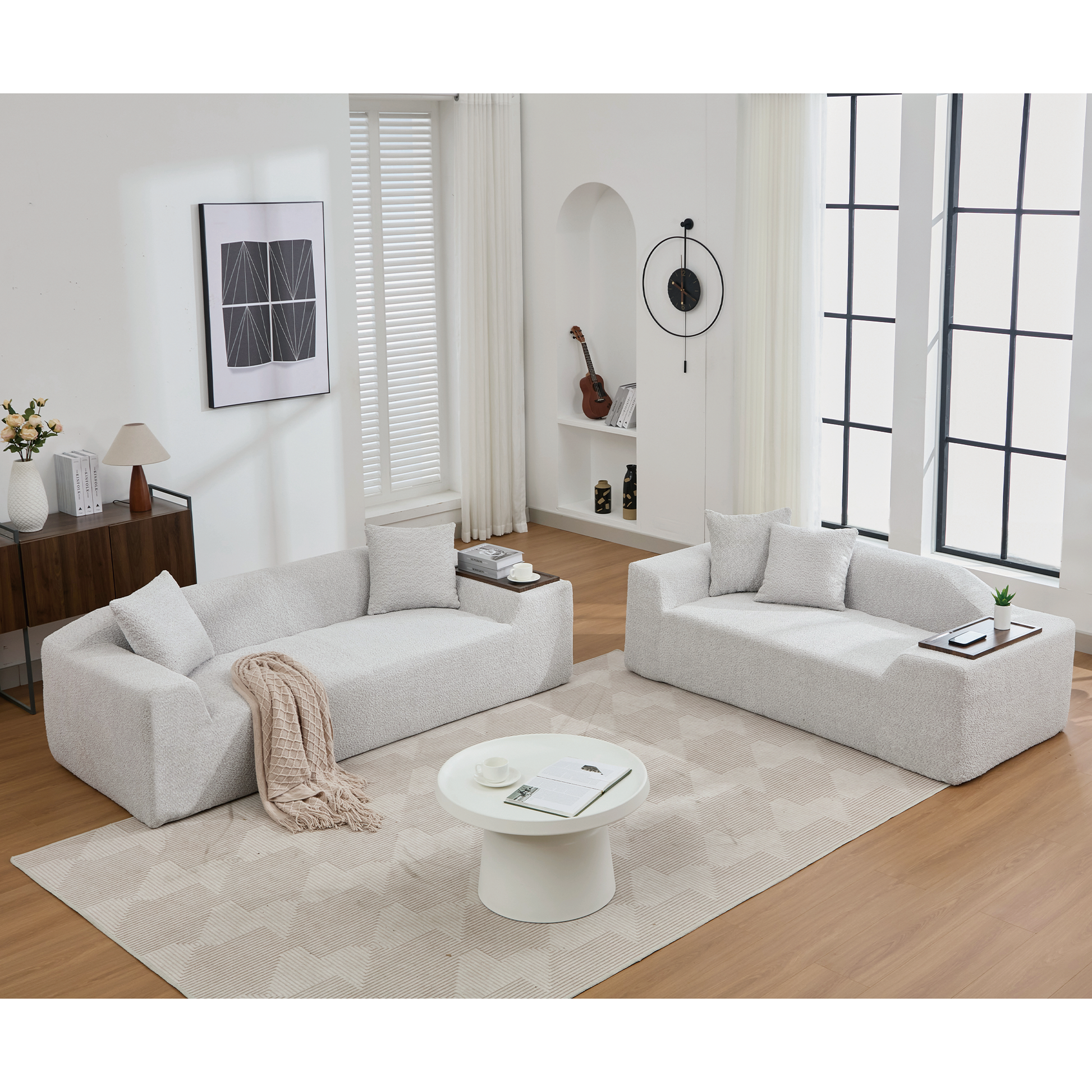 Arrived 2 Piece Boucle Cloud Sofa Set, Upholstered Sofa Set, Modern 3 Seater And 2 Seater Sofa With Mdf End Table For Living Room ,Apartment,3 2 Couch,Boucle, Light Gray Light Gray Polyester Primary Living Space Soft Tight Back Modern Square Arms Foam