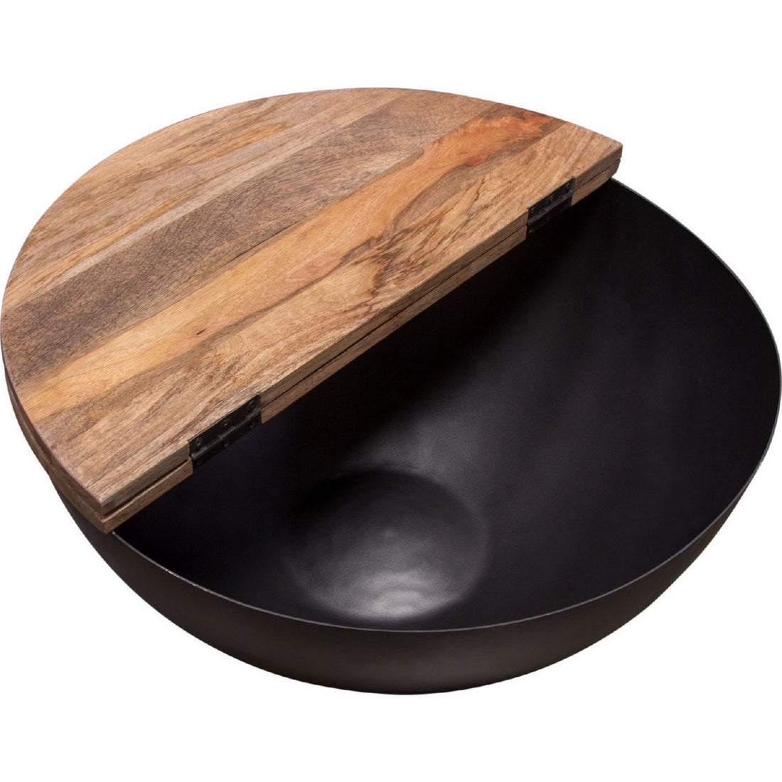 28 Inch Storage Coffee Table, Round Drum Silhouette, Brown Wood, Black Base Black Brown Wood