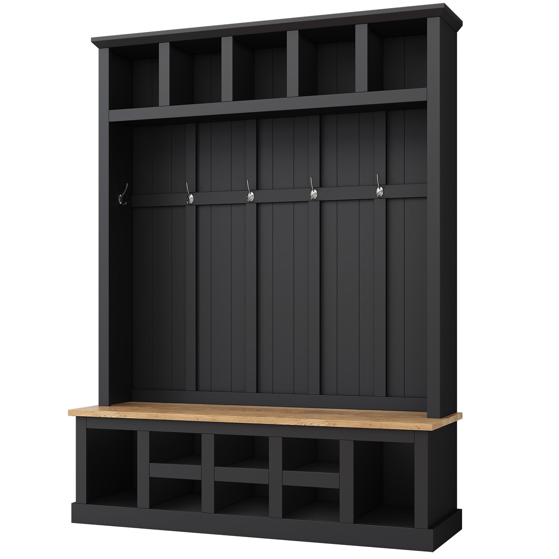 Farmhouse Wooden Style 78''H Modern Hall Tree With Wide Storage Seating Bench, Entryway Shoe Cabinet With 13 Compartments, Elegant Coat Rack With 6 Hooks For Mudroom, Living Room, Black Black Primary Living Space Particle Board