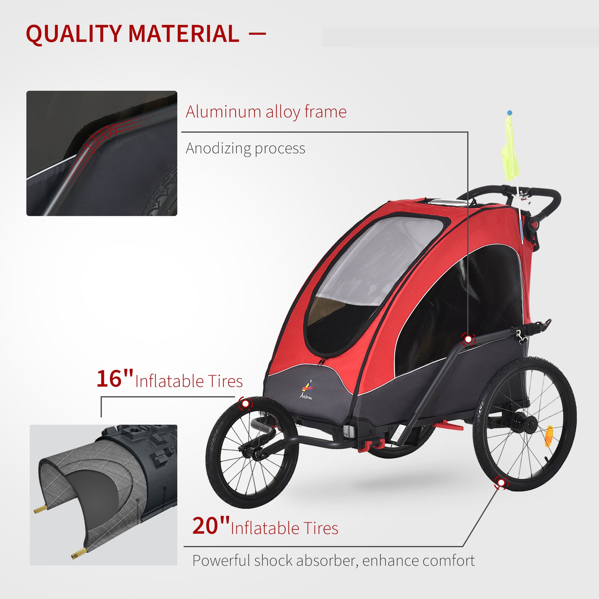 Aosom Bike Trailer For Kids 3 In1 Foldable Child Jogger Stroller Baby Stroller Transport Carrier With Shock Absorber System Rubber Tires Adjustable Handlebar Kid Bicycle Trailer Red And Grey Red Aluminum