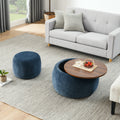 Round Storage Ottoman, 2 In 1 Function, Work As End Table And Ottoman,With Small Seat,Dark Blue 25