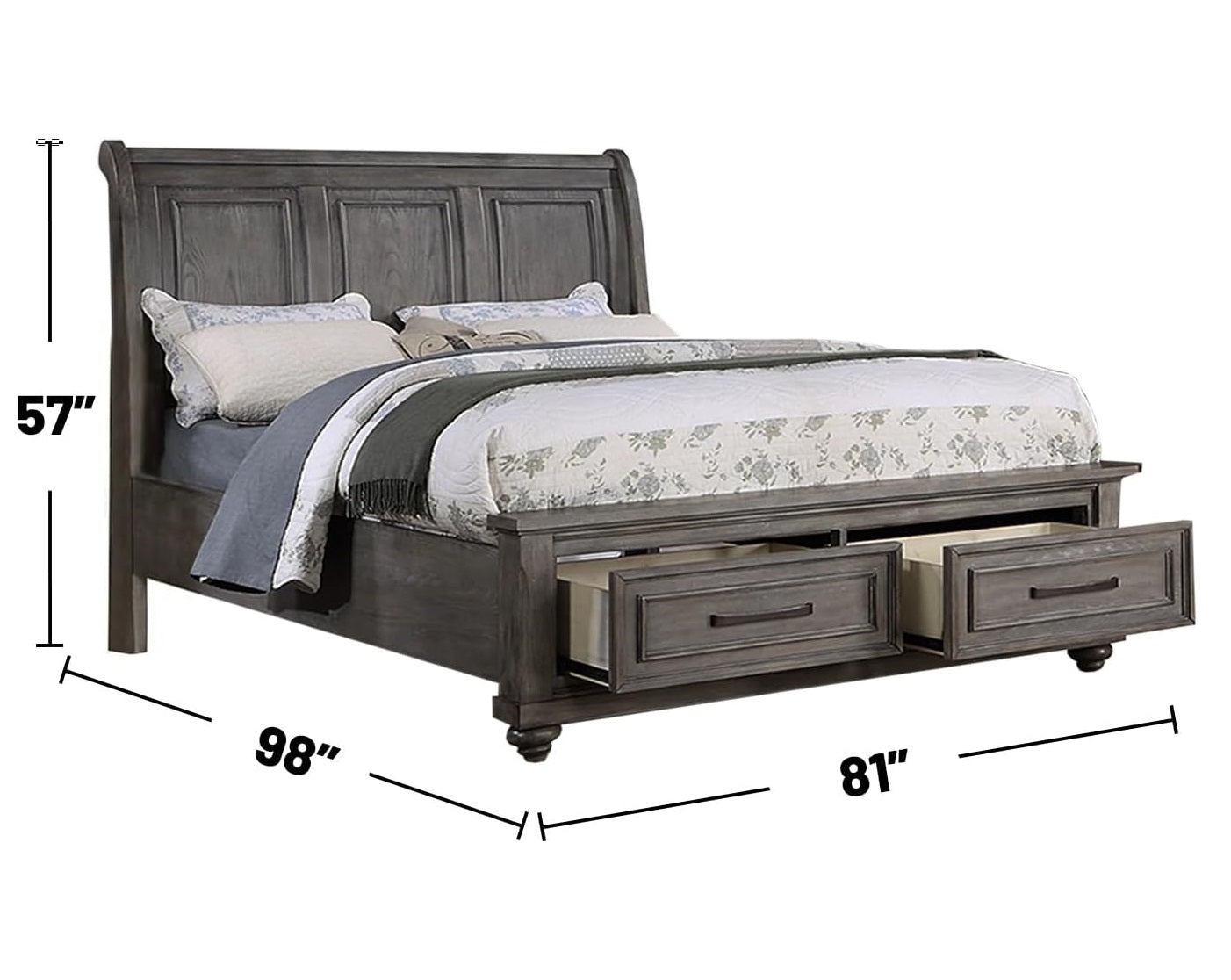 Eastern King Size Bed W Under Bed Drawer Vintage Look Gray Color Beautiful Panel 1Pc Bedframe Bedroom Box Spring Required King Antique Gray,Gray Wood Bedroom Contemporary,Modern,Transitional Storage