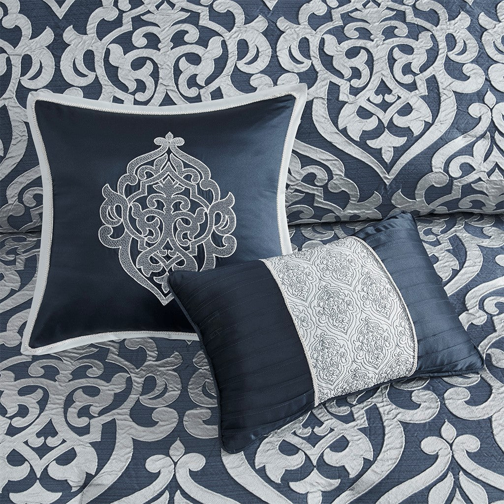 8 Piece Jacquard Comforter Set Navy Silver Cal King California King Navy Silver Polyester