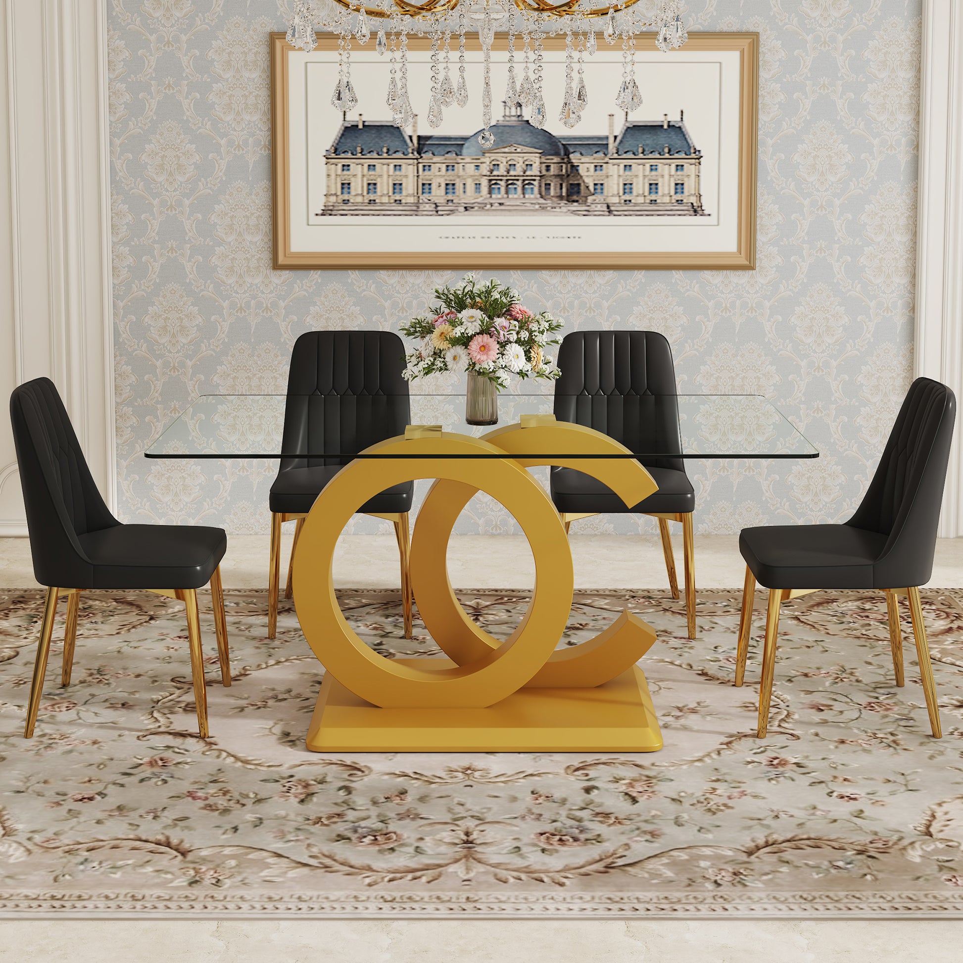 Table And Chair Set.63"W X 35.4"D X 30"H Clear Tempered Glass Desk And Chair Set With 4 Black Pu Chairs With Gold Metal Legs.Bring A Comfortable Home Experience To The Kitchen, Bedroom, And Office.