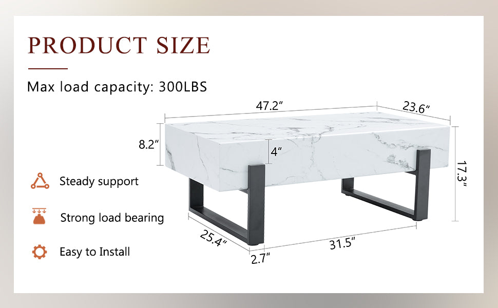 47.2"X23.6" Black And White Minimalist Mdf Marble Patterned Coffee Table.White Marble Pattern Sticker,Black Metal Leg Spray Coating,Mdf Coffee Table.Showcasing A Modern And Simple Style. White Black