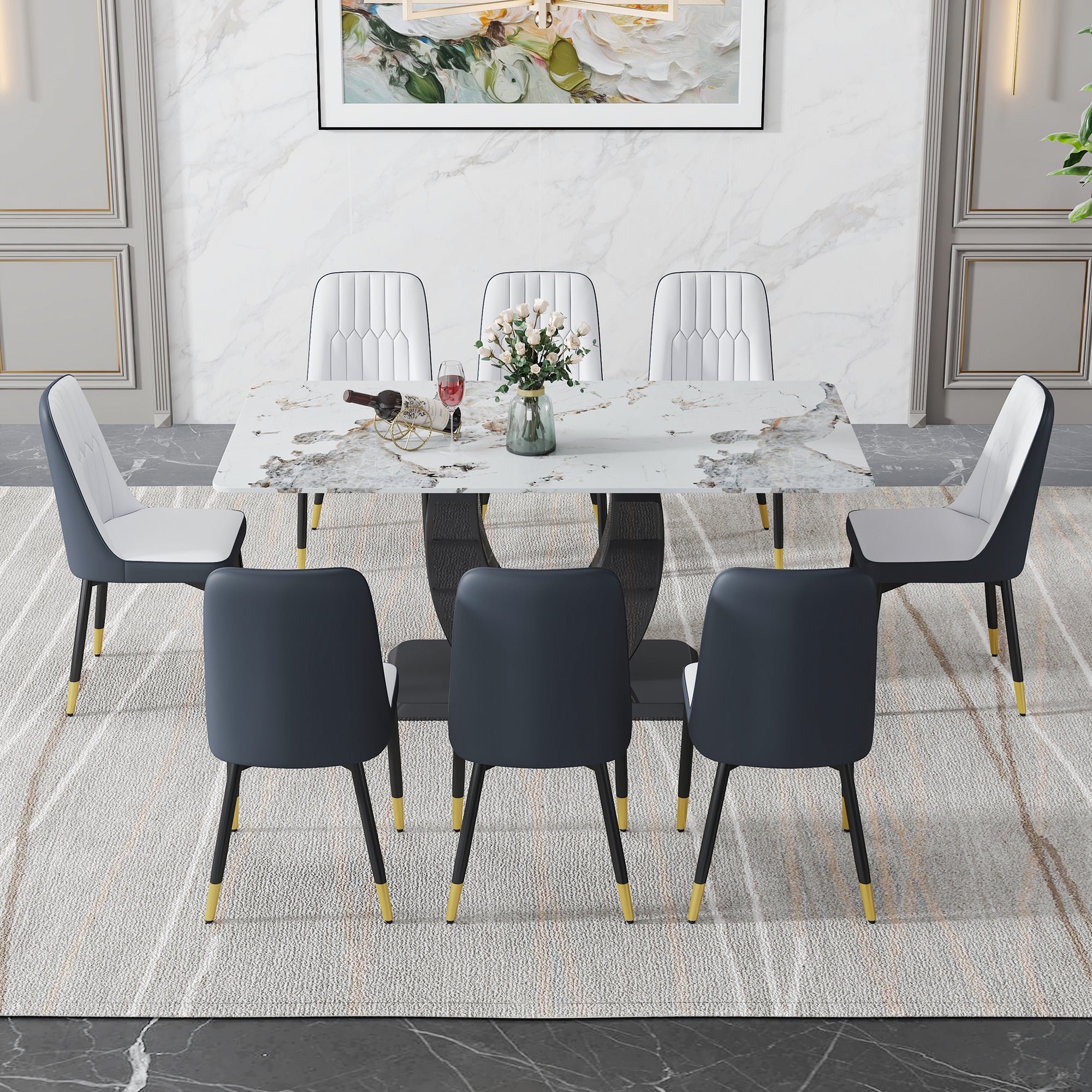 Table And Chair Set, Modern Dining Table, Patterned Table Top And Blac