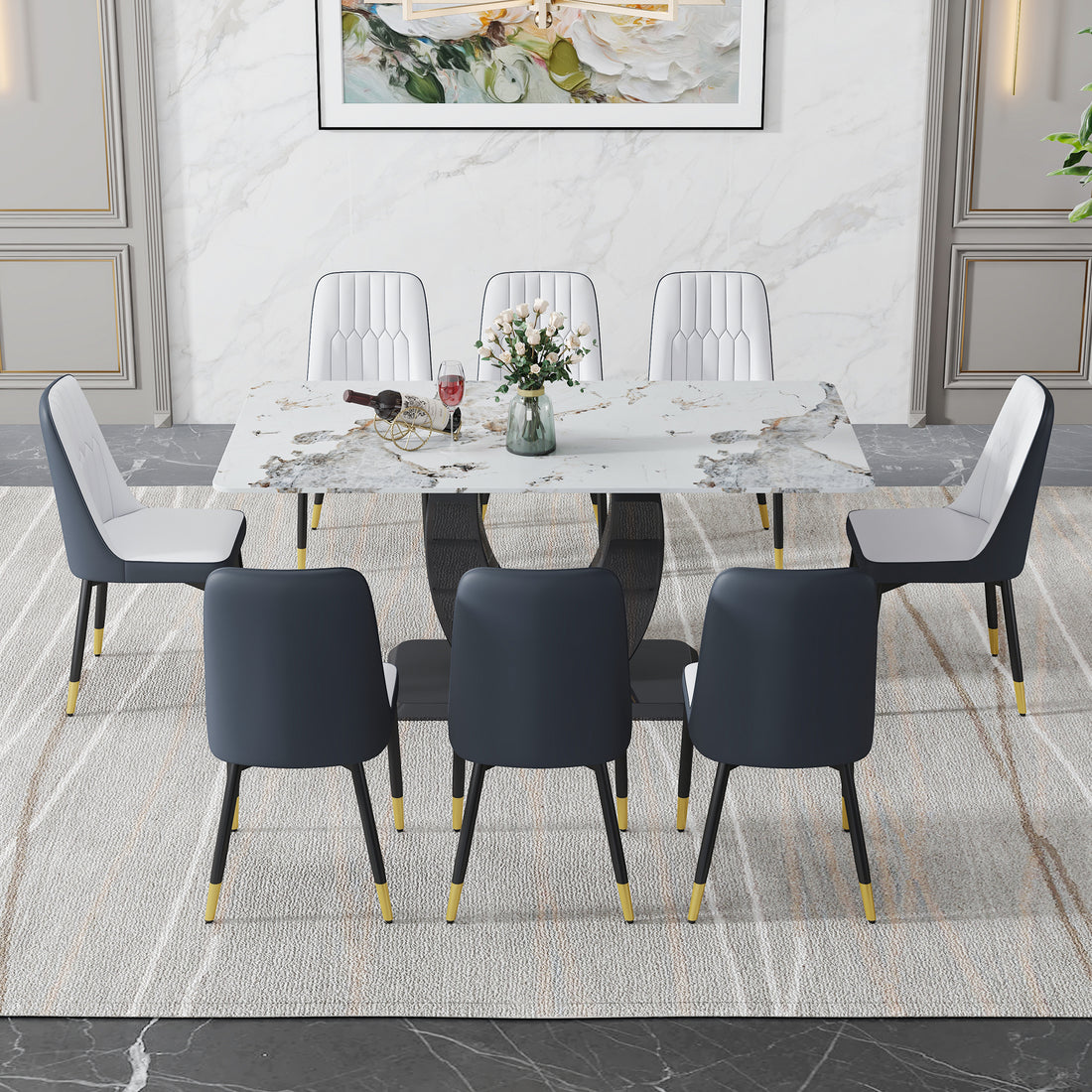 Table And Chair Set, Modern Dining Table, Patterned Table Top And Black Mdf Leg Table, Soft And Comfortable Dining Chair, Perfect For Dinner, Meetings, Home And Office Decor White Gray Mdf Glass