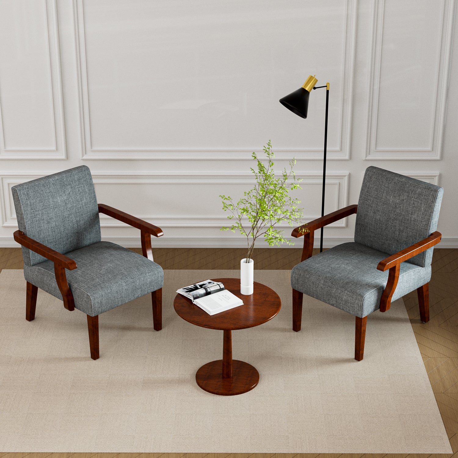 Fabric Accent Arm Chair Set Of 2 With Round Wood Table Grey Fabric