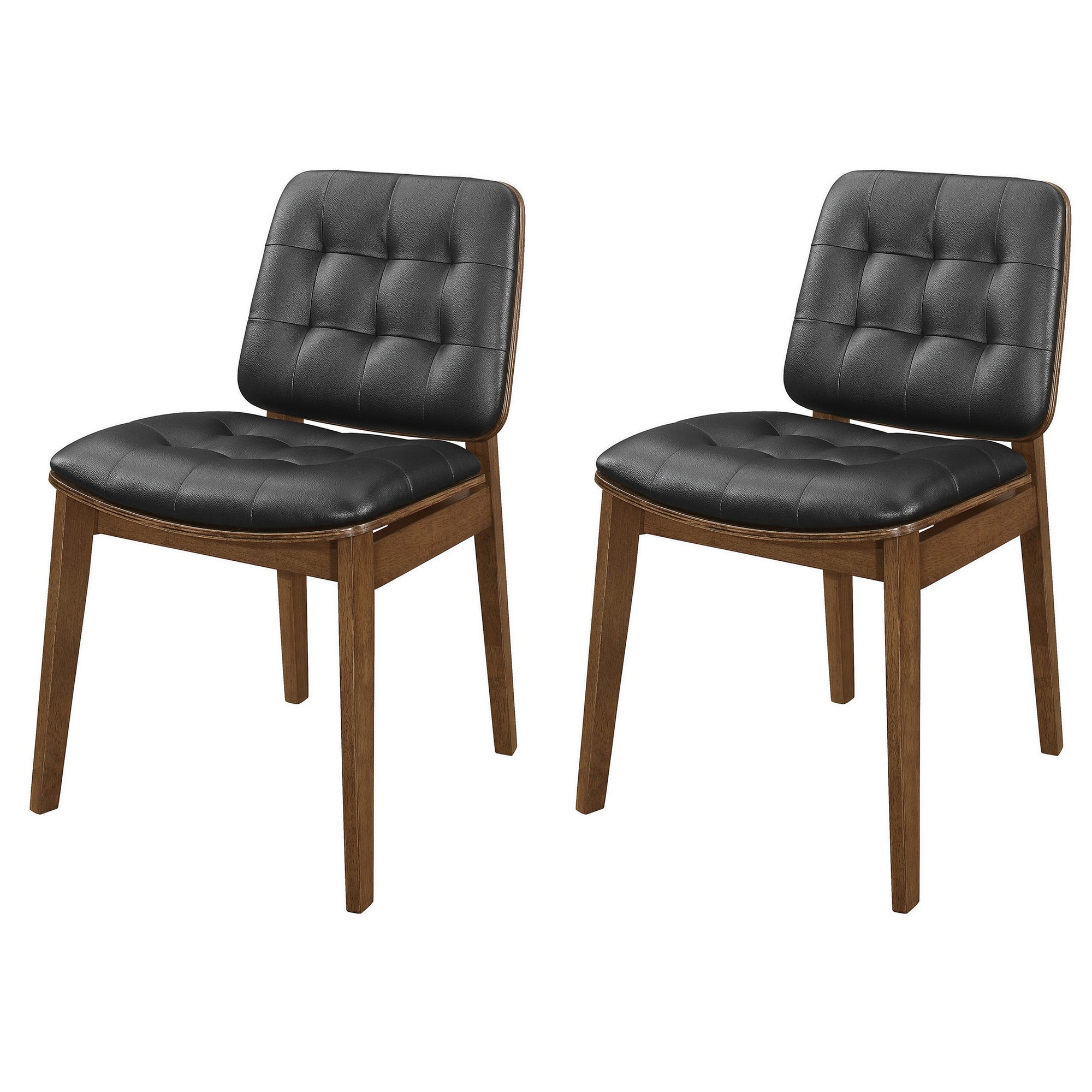 18 Inch Dining Chair, Set Of 2, Black Vegan Faux Leather, Tufted Seat Brown Black Wood