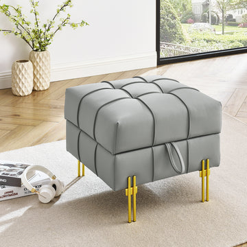 22 Inches Anti Scratch Leather Storage Ottoman, Pet Friendly Entryway Bench With Golden Stainless Steel Legs, Gray Gray Leather